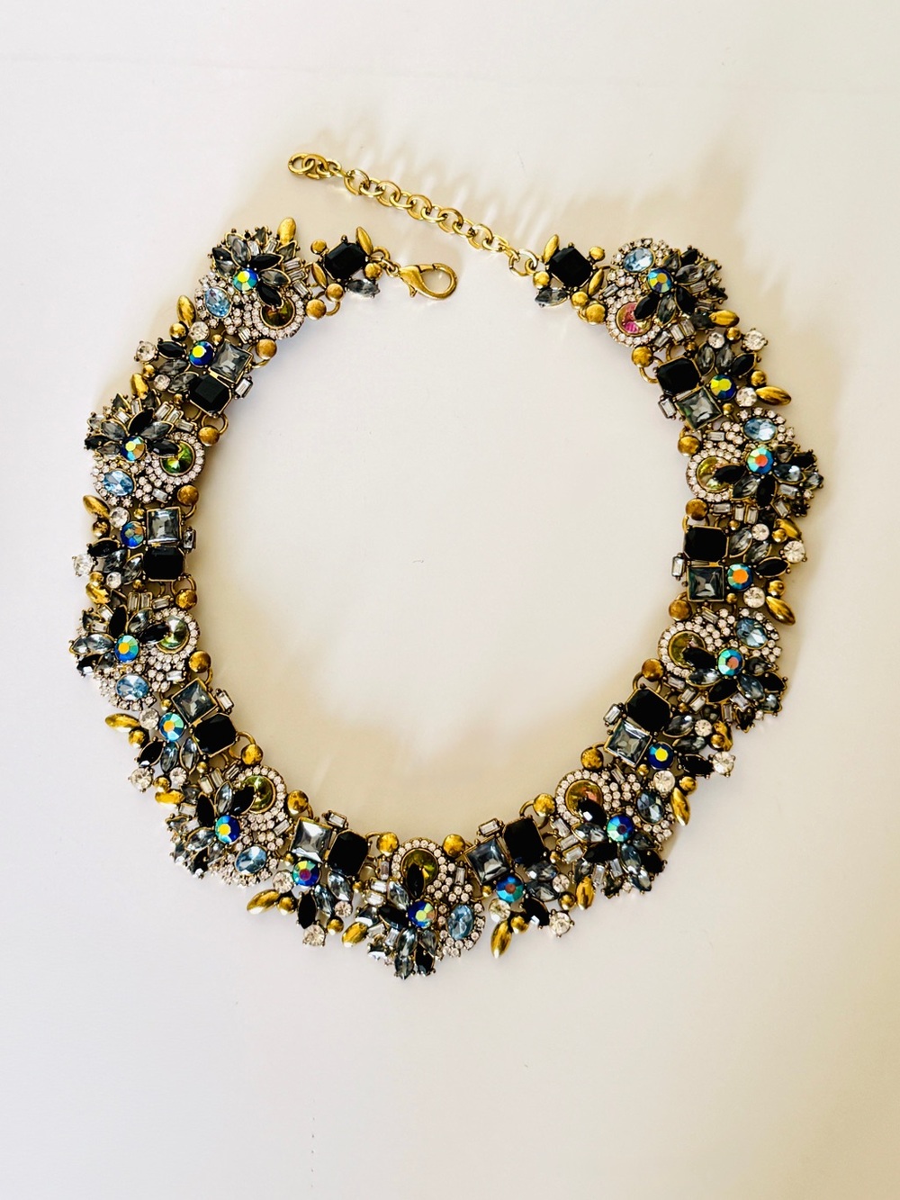 Blue Black Crystal Statement Necklace Rhinestone Bib Collar Gold Tone